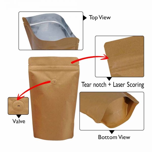 Brown Kraft Paper Stand Up Pouches With Valve